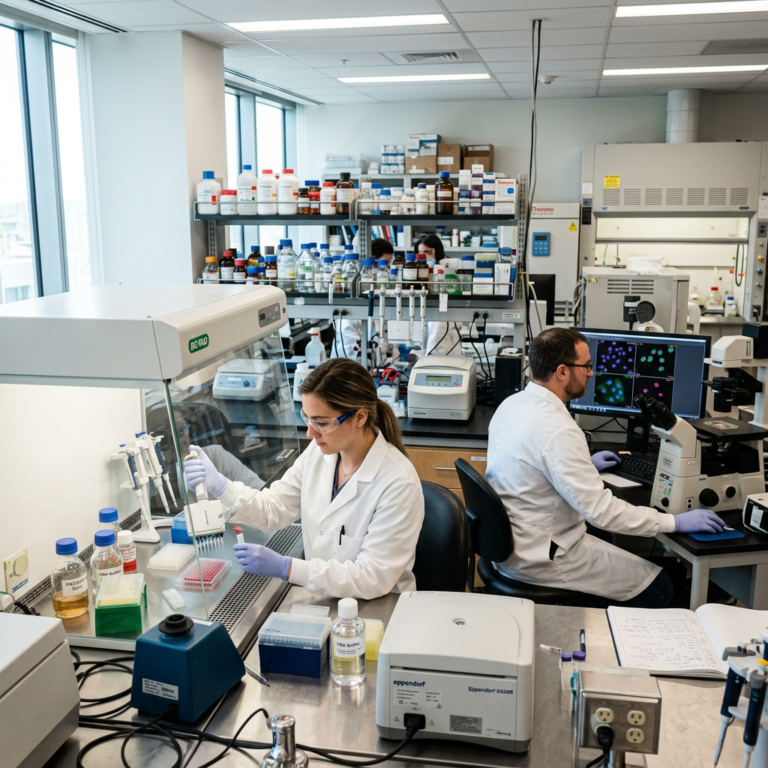 Two researchers conducting experiments in a biomedical laboratory