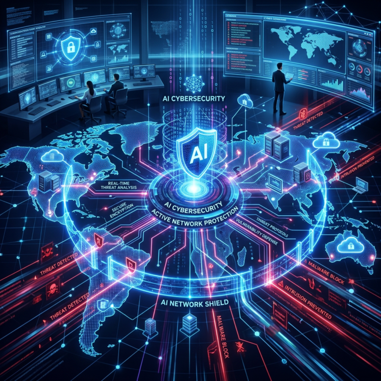 AI shield protecting a global network from cyber threats