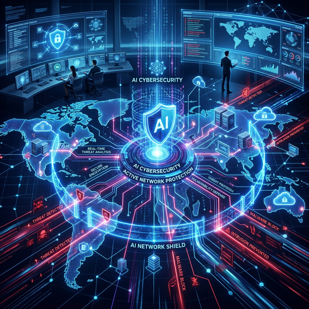 AI shield protecting a global network from cyber threats